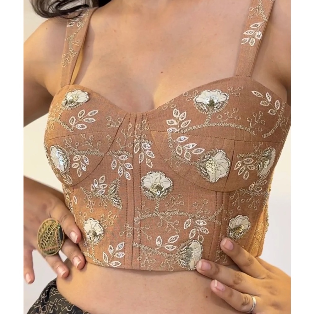 Embroidered Peach Bustier Tank Top with Floral Detail